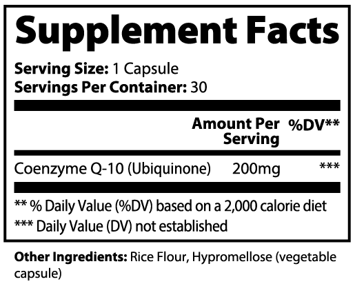 CoQ10 Ubiquinone Supplement Capsules – Ingredient and Nutrition Facts Label