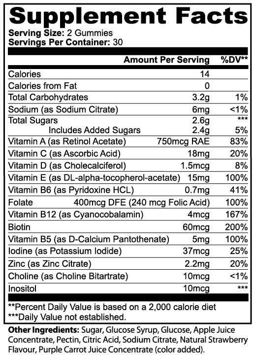 Adult Multivitamin Bear Gummies Supplement – Supplements Facts Label