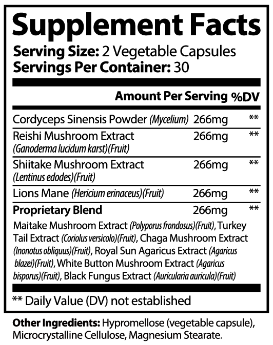 Mushroom Complex 10X Supplement – Supplement Facts Label