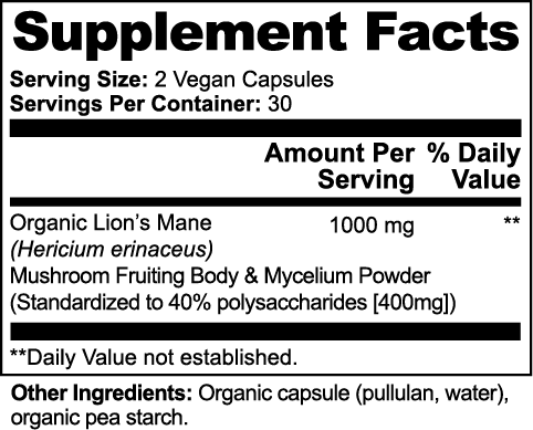 Lion’s Mane Mushroom Supplement Capsules – Supplement Facts Label